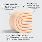 Kitsch Strengthening Bond Repair Solid Hair Mask Bar with text highlighting ingredients like vegan keratin-like proteins and Baobab protein.
