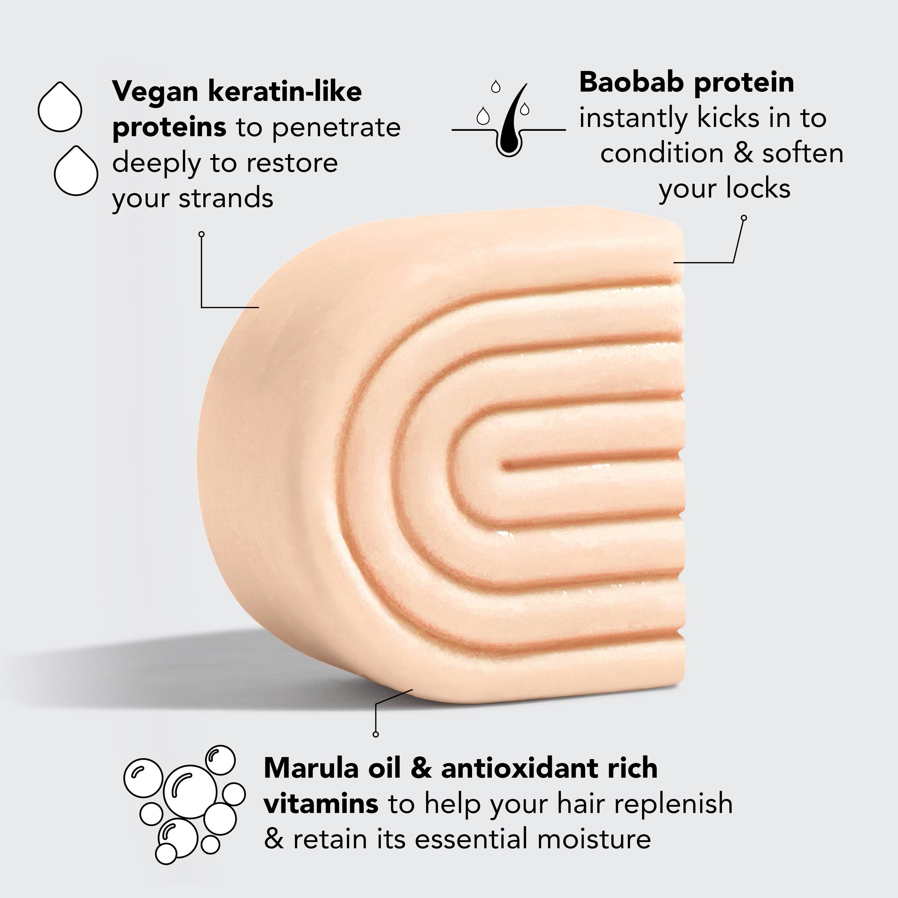 Kitsch Strengthening Bond Repair Solid Hair Mask Bar with text highlighting ingredients like vegan keratin-like proteins and Baobab protein.