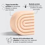 Kitsch Strengthening Bond Repair Solid Hair Mask Bar with text highlighting ingredients like vegan keratin-like proteins and Baobab protein.