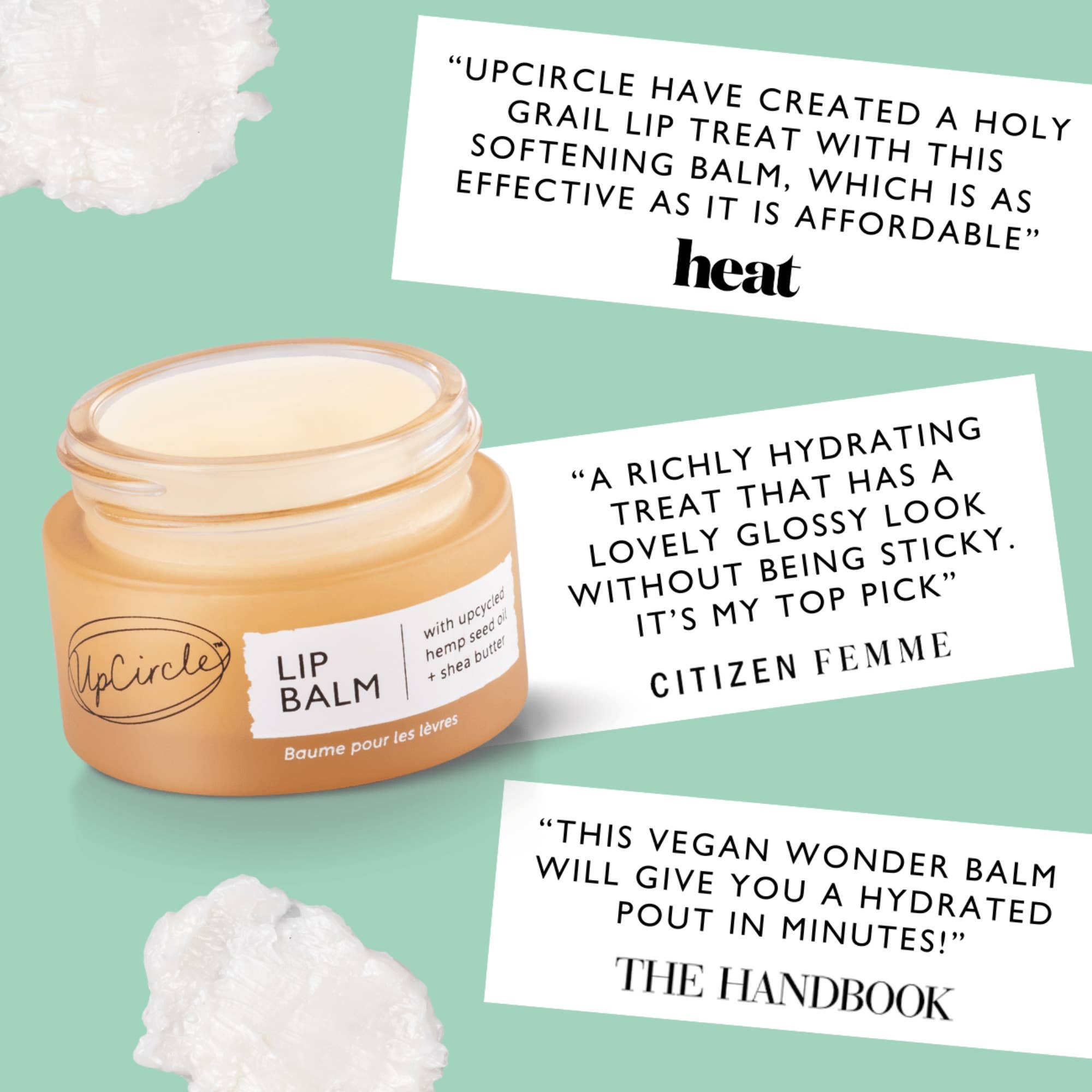 UpCircle lip balm jar with positive reviews from Heat magazine, Citizen Femme and The Handbook, on a light green background