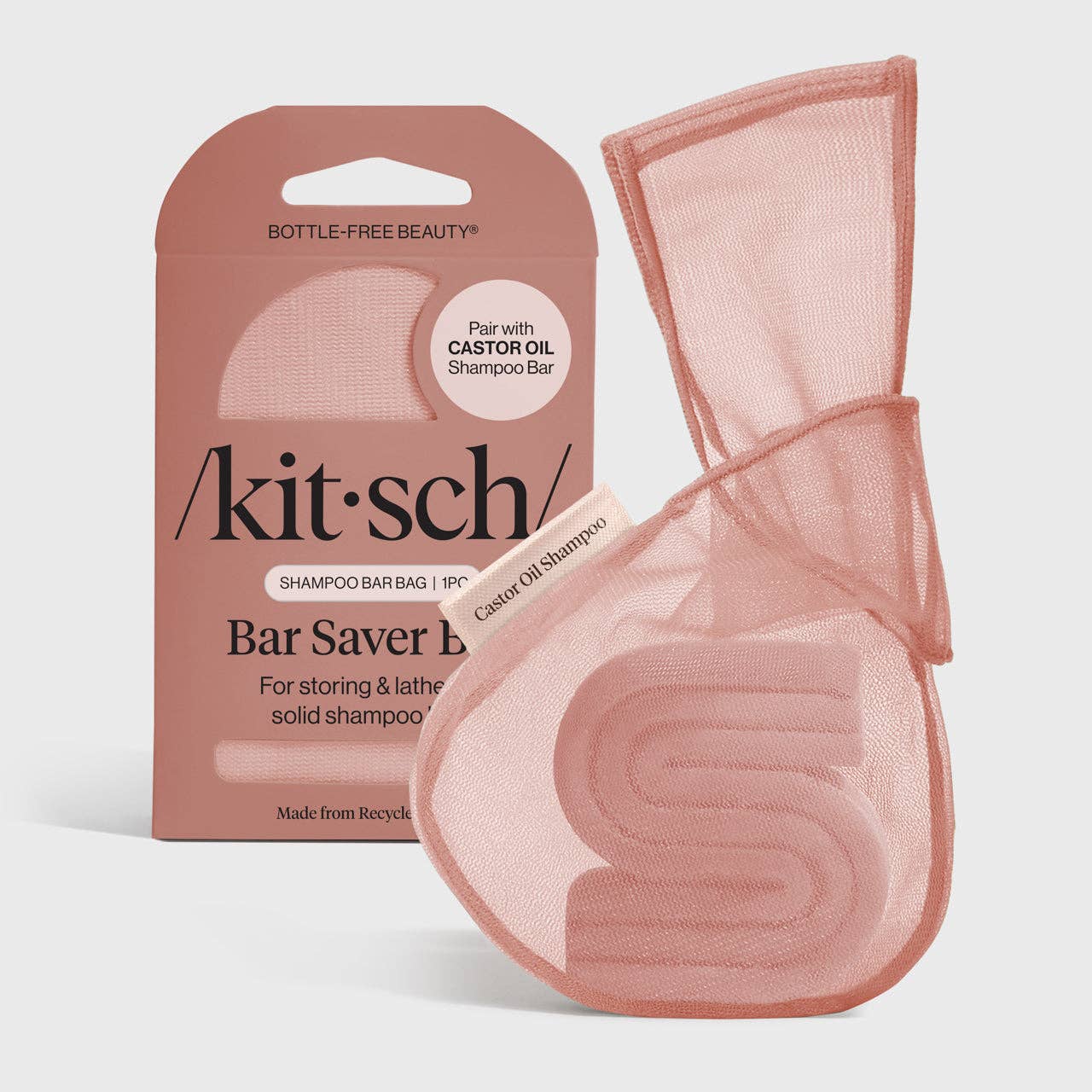 Pink Kitsch shampoo bar bag with kitsch packaging on a white background