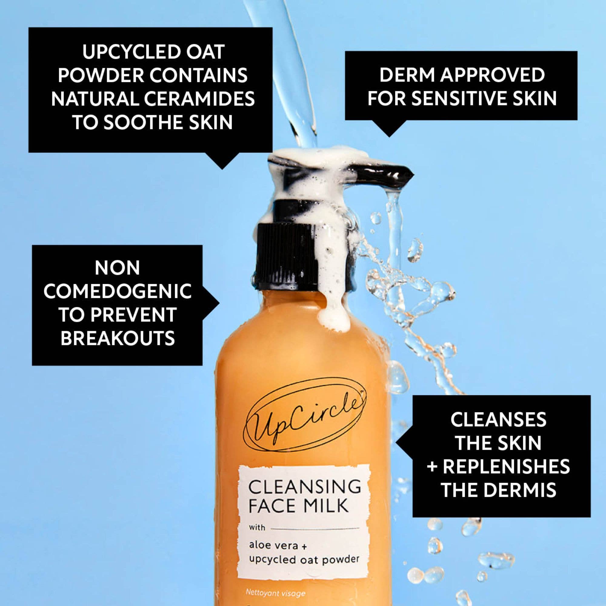 UpCircle Cleansing Face Milk bottle with ingredient and product features on a blue background