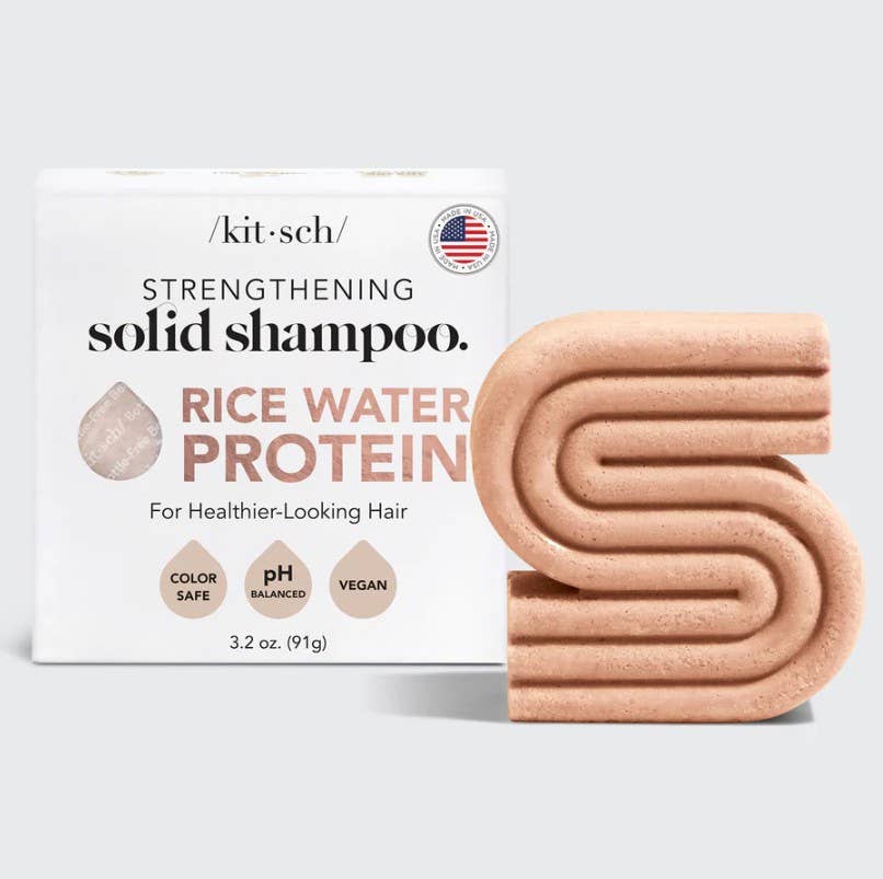 Kitsch Rice Water Protein strengthening solid shampoo bar with packaging on a white background