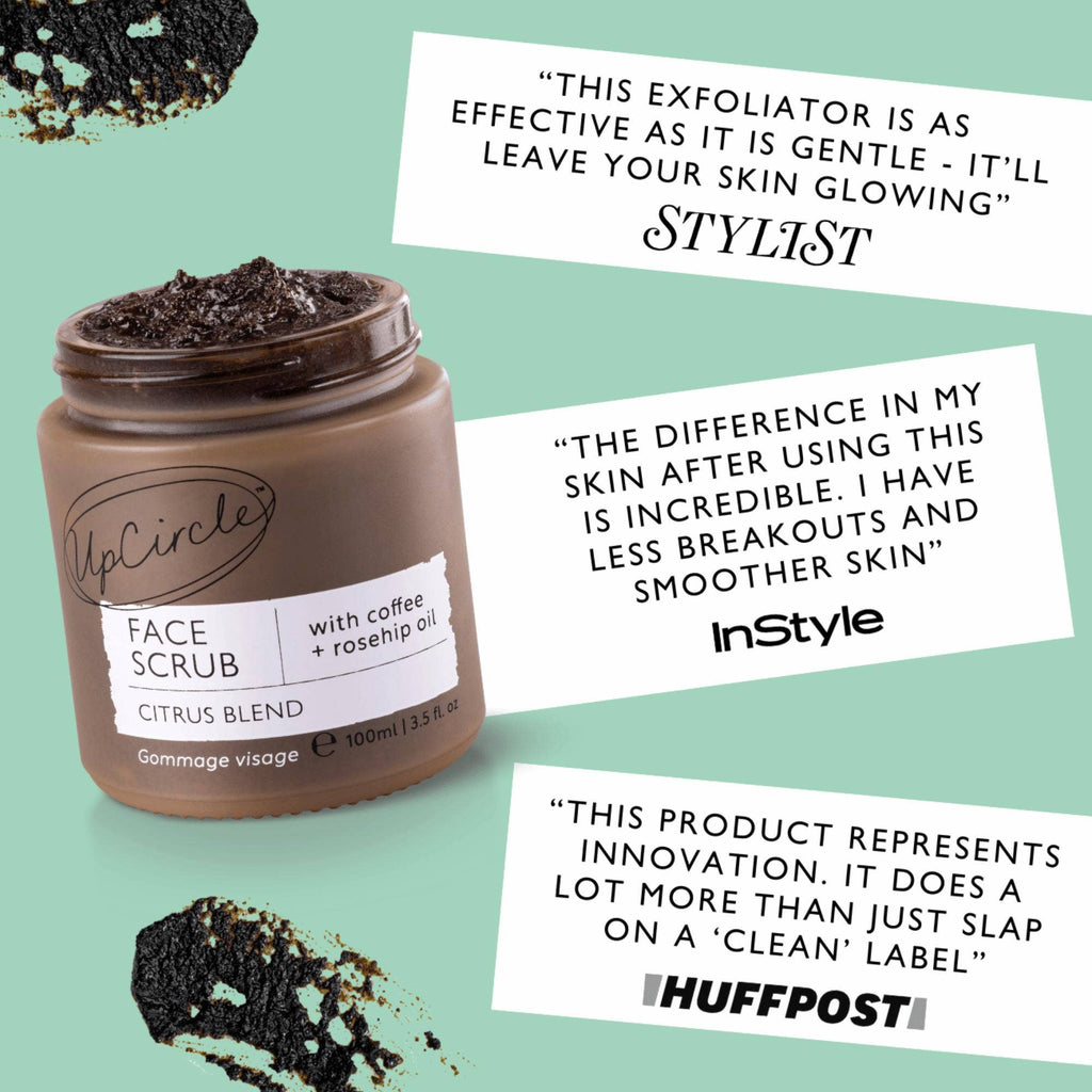 UpCircle Face Scrub jar with product and positive reviews from Stylist magazine, Instyle magazine and HuffPost, on a light green background