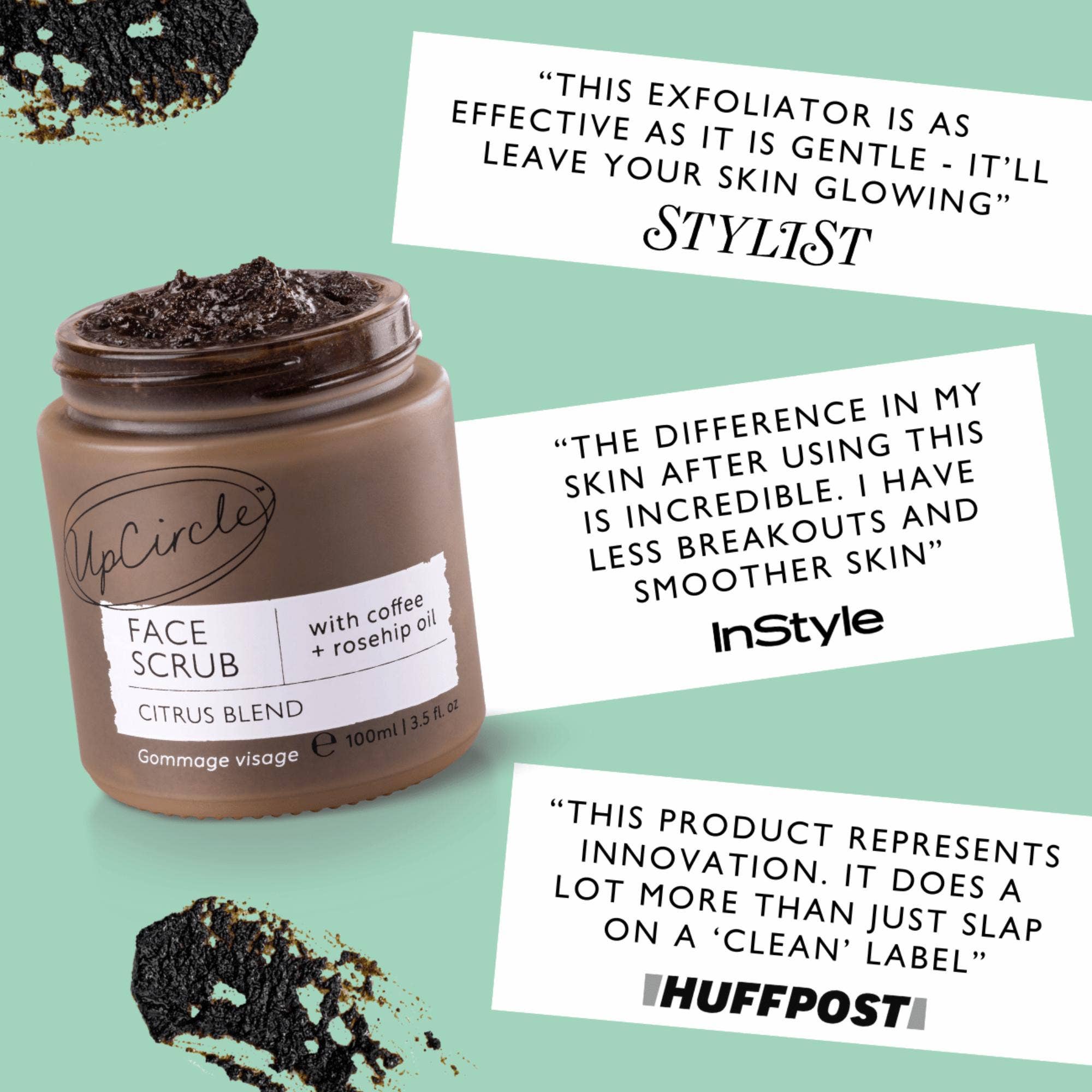 UpCircle Face Scrub jar with product and positive reviews from Stylist magazine, Instyle magazine and HuffPost, on a light green background