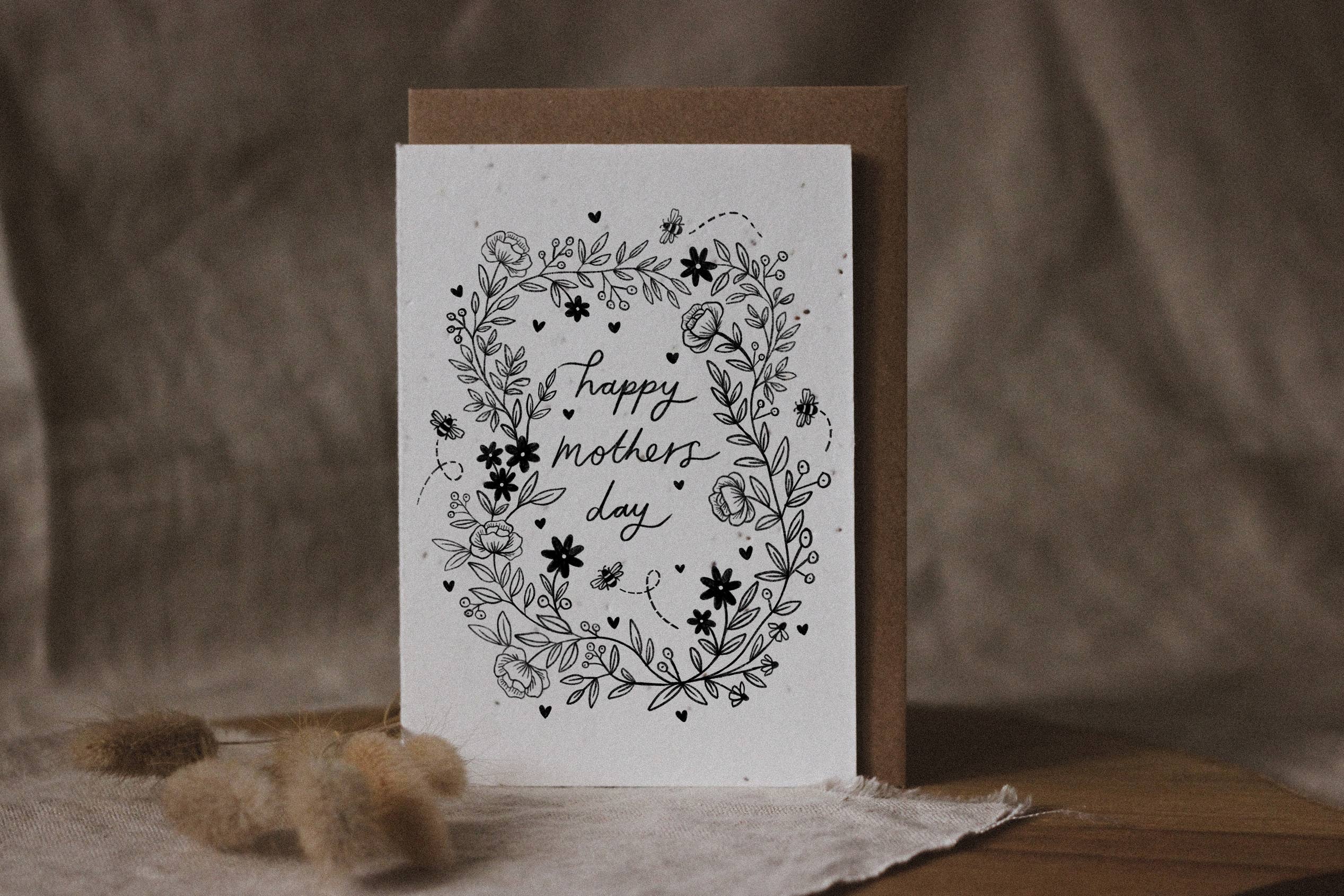 Greeting card with floral design and 'Happy Mother's Day' text on a brown background