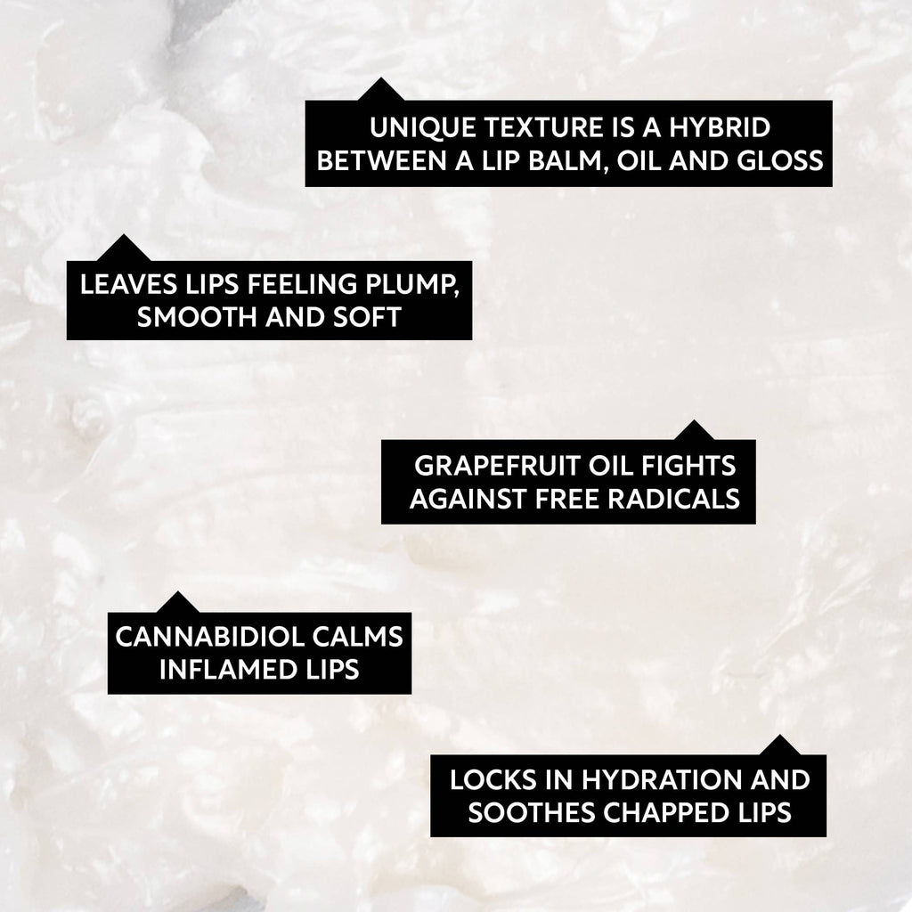 Text overlay on a textured white background describing lip care product features, ingredients and benefits.