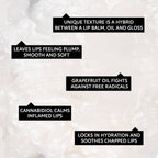 Text overlay on a textured white background describing lip care product features, ingredients and benefits.