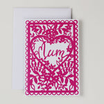 Pink laser-cut card with 'Mum' text on a white background