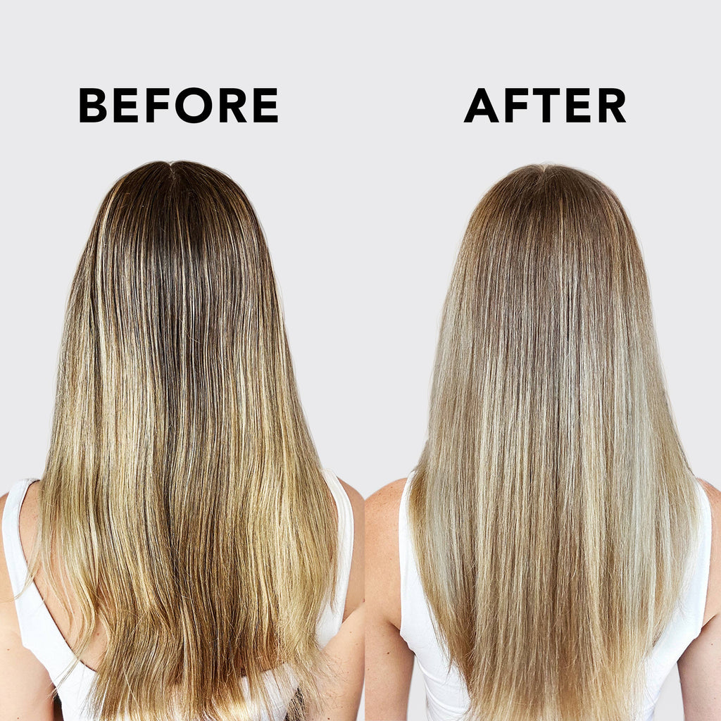 Before and after comparison of bleached hair with a plain background
