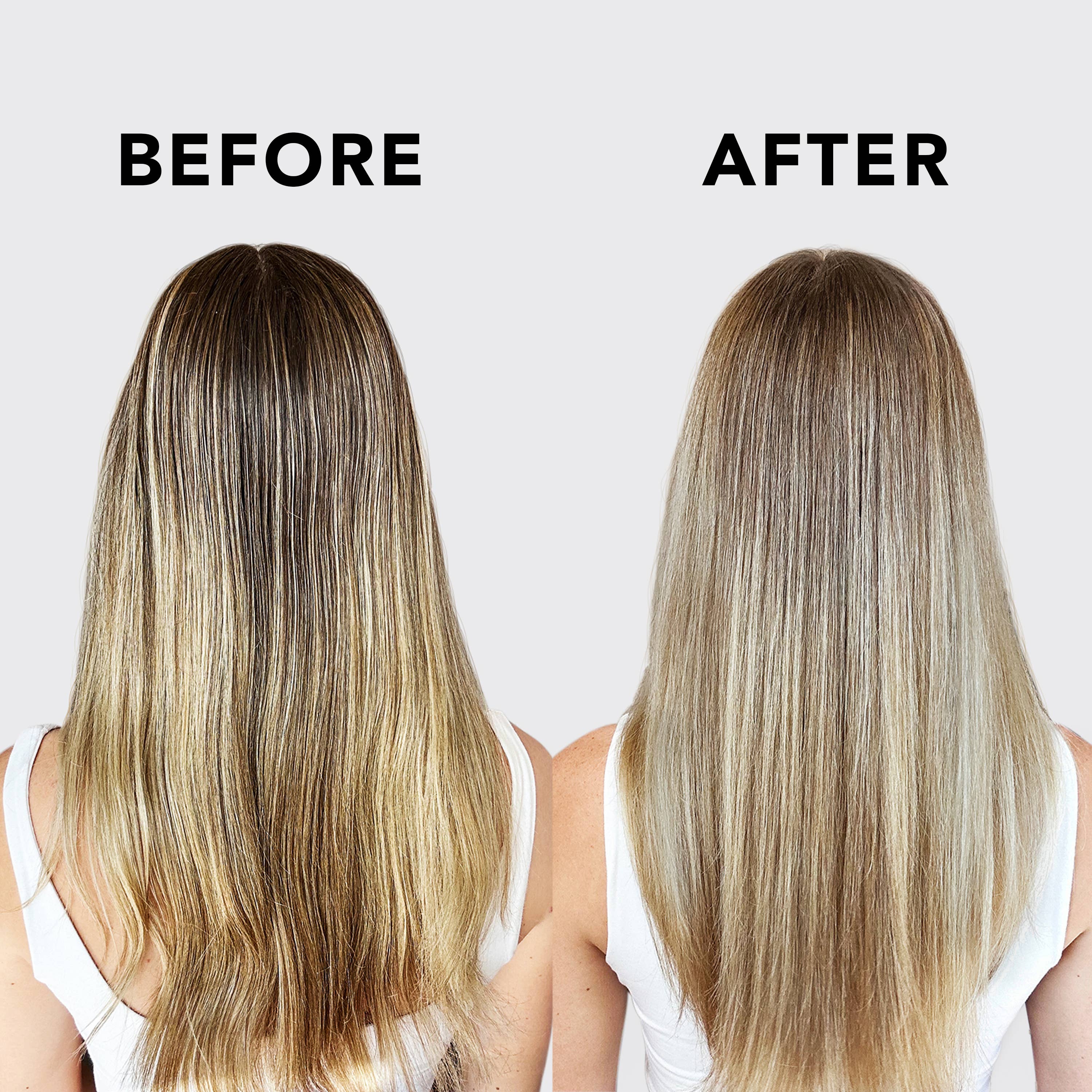 Before and after comparison of bleached hair with a plain background