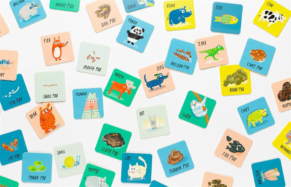 Collection of colorful square cards from 'Who Did This Poo?' with animal illustrations and text