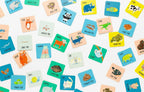 Collection of colorful square cards from 'Who Did This Poo?' with animal illustrations and text
