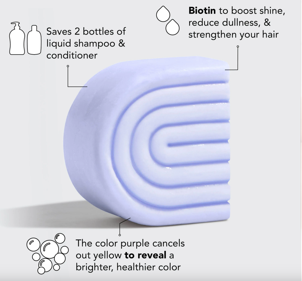 Purple shampoo bar with text explaining its benefits on a light grey background