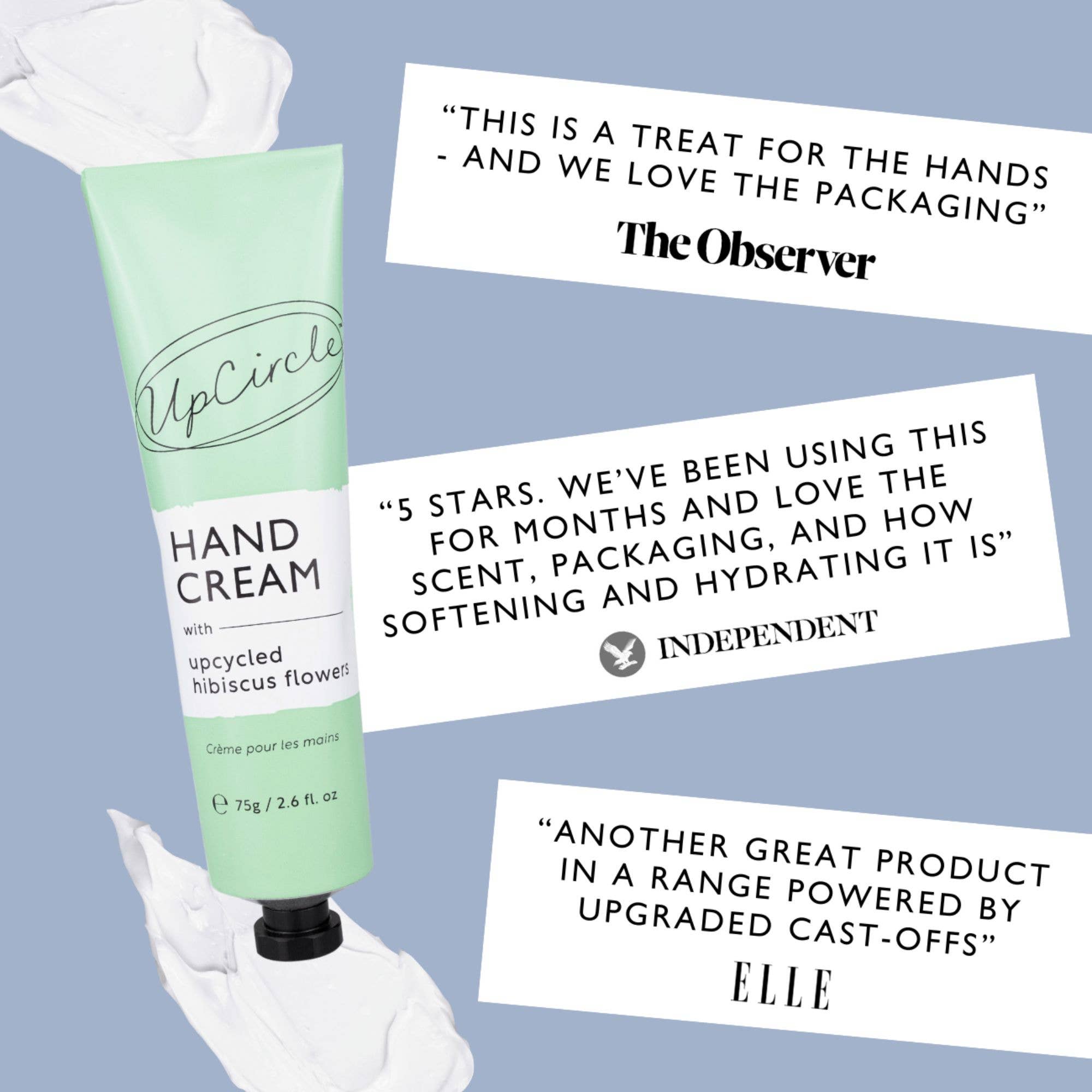 UpCircle hand cream tube with positive trial reviews from The Observer, Independent and Elle Magazine, on a light blue background
