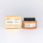 Cleansing face balm jar and packaging on a light grey background