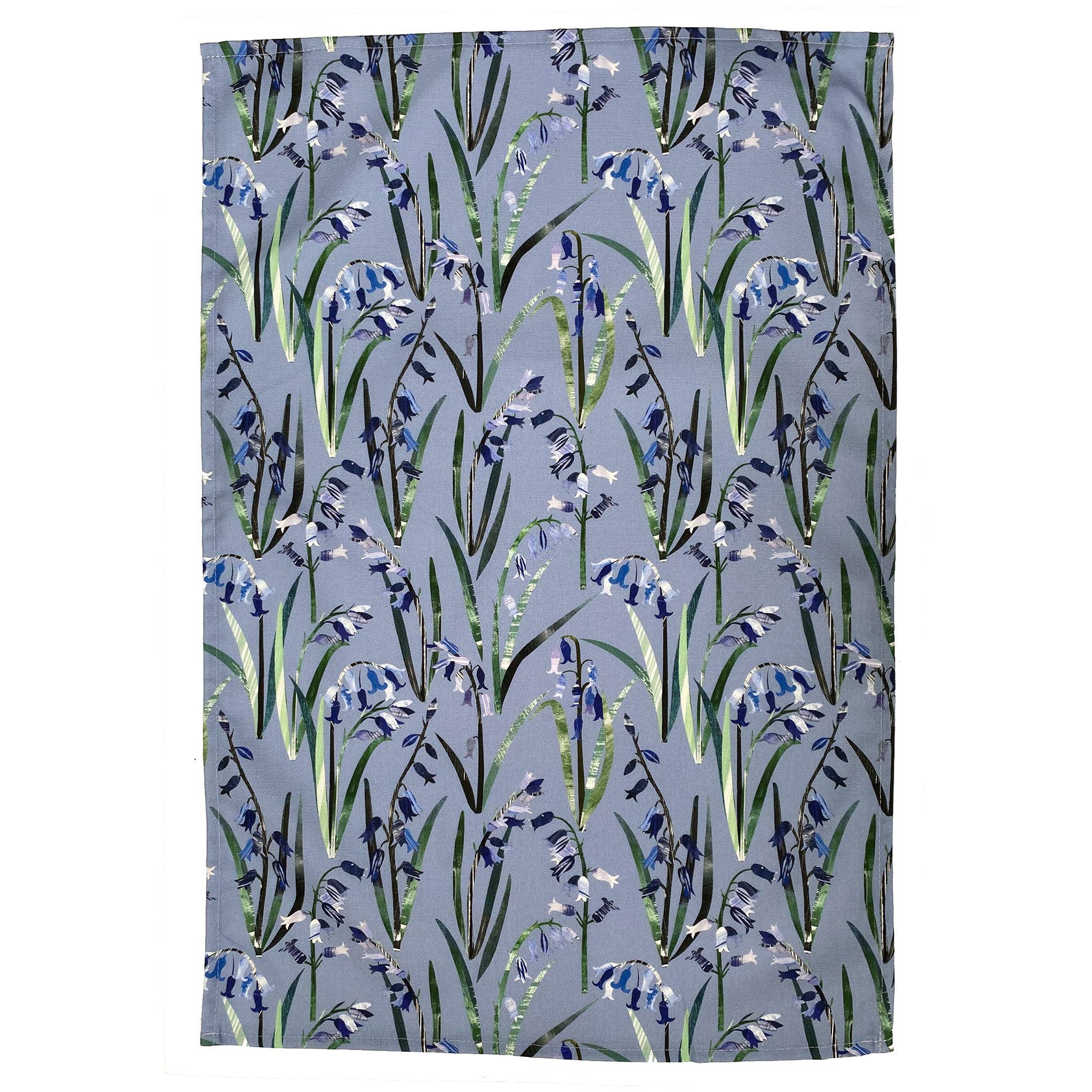Handmade cotton teatowel with floral bluebell pattern on a blue background