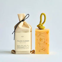 Vely Italian Summer soap on a rope and bar soap on a light gray background