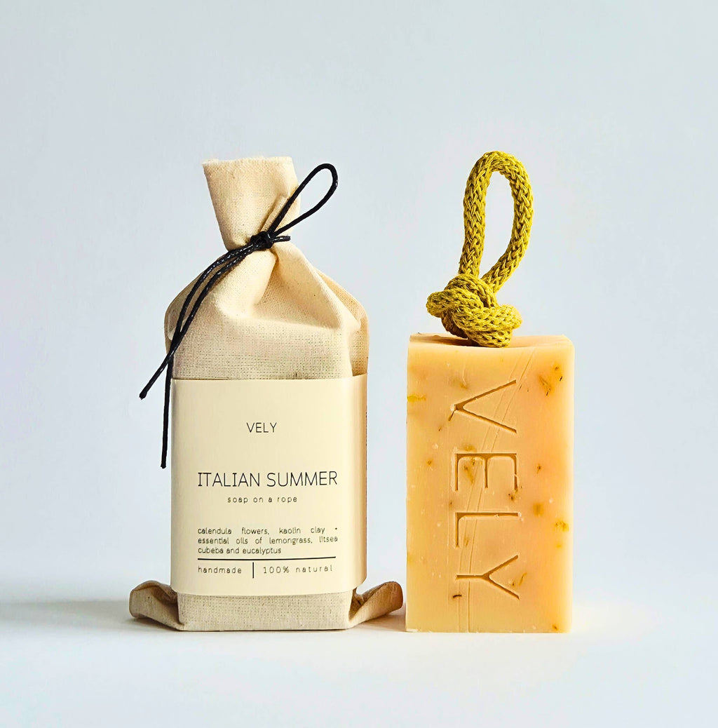 Vely Italian Summer soap on a rope and bar soap on a light gray background