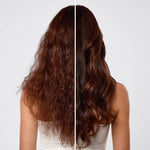 Side-by-side comparison of long, wavy hair on a plain background