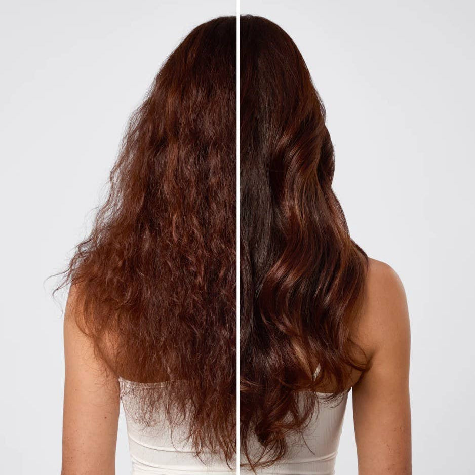 Side-by-side comparison of long, wavy hair on a plain background