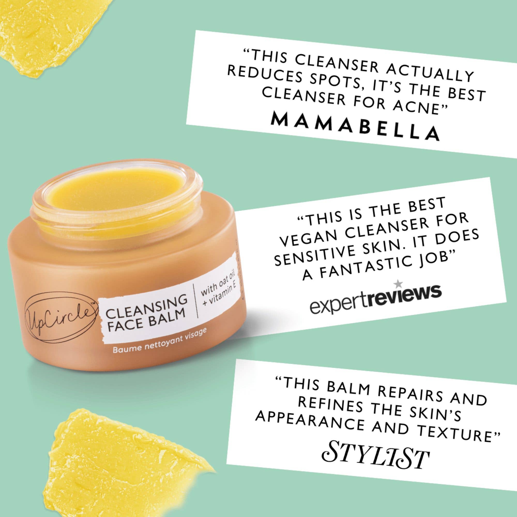 Cleansing face balm jar with positive reviews on a light green background