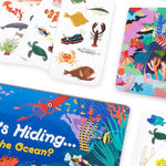 Colorful 'Who's Hiding in the Ocean?' children's game and cards with ocean-themed illustrations on a white background