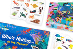 Colorful 'Who's Hiding in the Ocean?' children's game and cards with ocean-themed illustrations on a white background