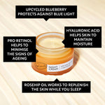 UpCircle Night Cream jar with text highlighting ingredients and benefits on a beige background