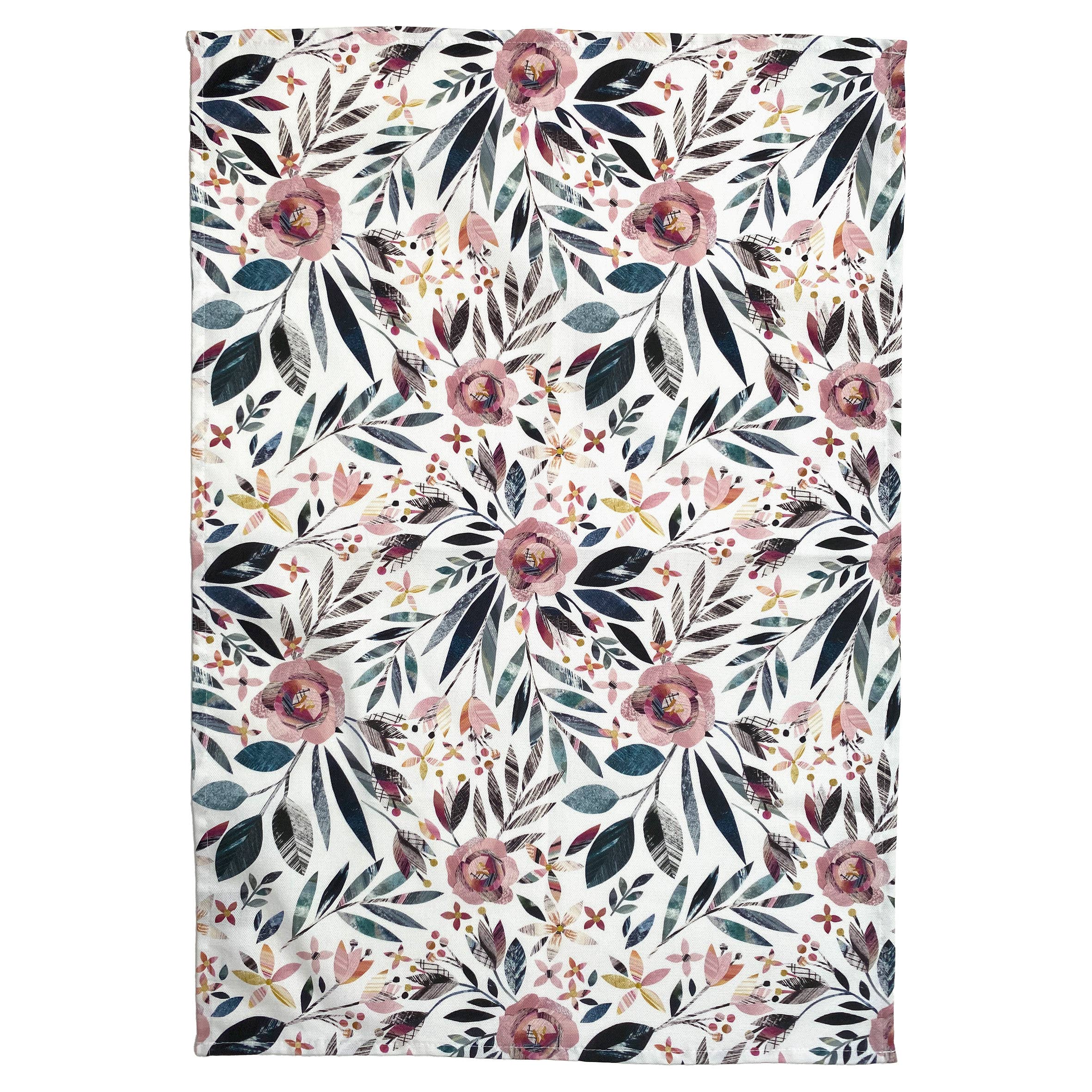 Floral and leaf patterned organic cotton teatowel on a white background