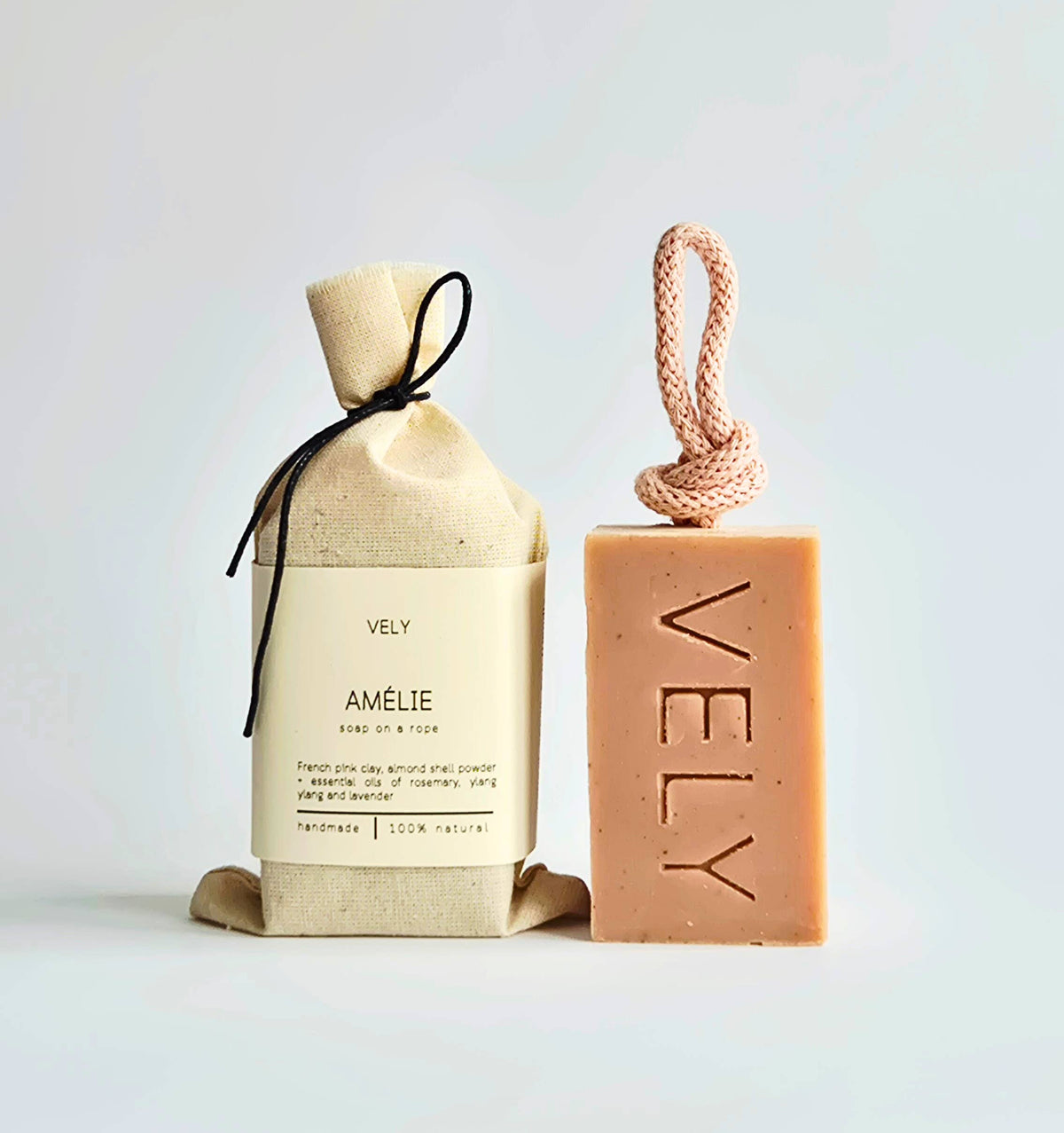 Vely Soapery “Amelie” Natural Handmade Soap On A Rope With Pink Clay