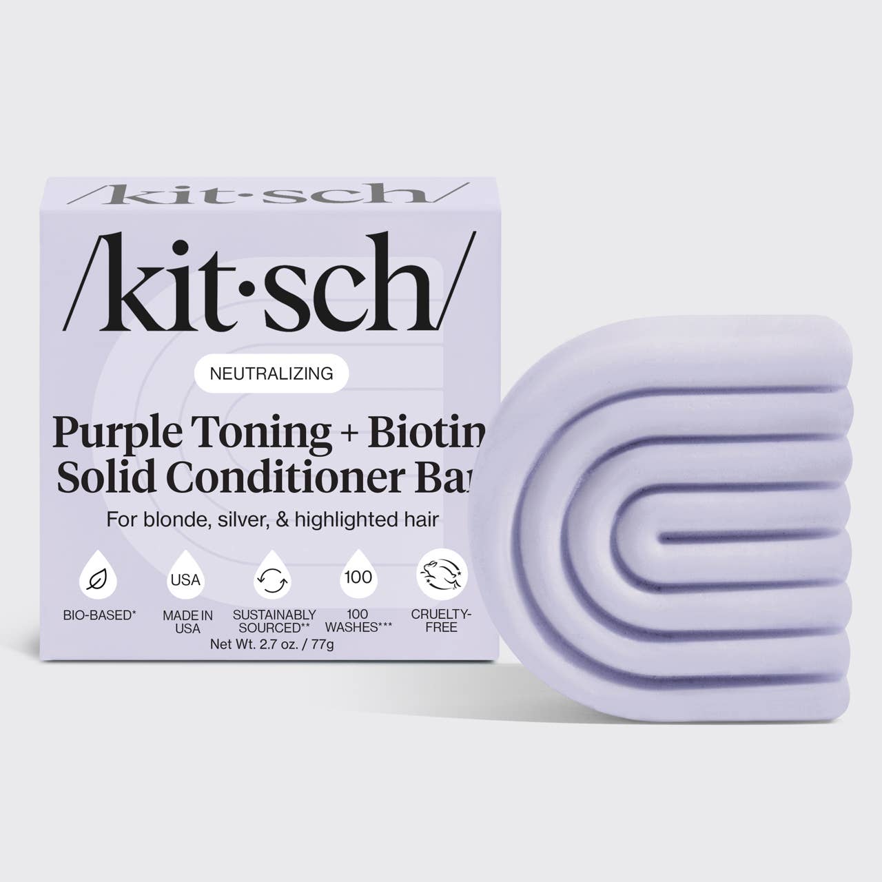 Kitsch purple toning solid conditioner bar packaging on a white background