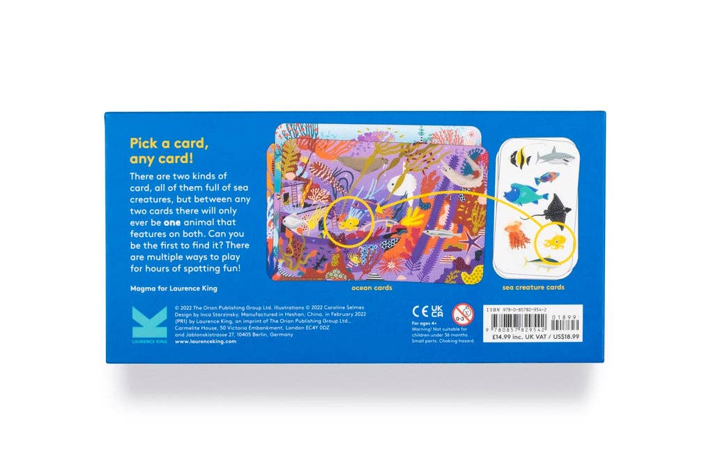 'Who's Hiding in the Ocean?' card game packaging with colorful illustration and text on a blue background