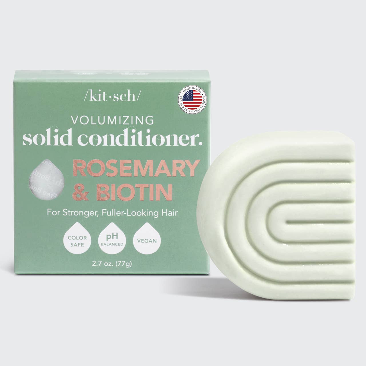 Kitsch Volumising solid conditioner bar with packaging on a white background