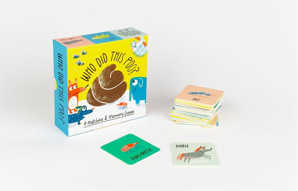 'Who Did this Poo?' Board game packaging with cards on a white background