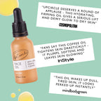 UpCircle Face Oil bottle with positive reviews from Cosmopolitan magazine, InStyle magazine and MindBodyGreen, on a light green background