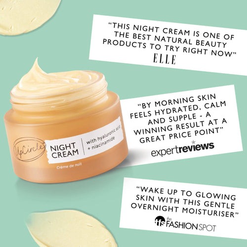 Jar of UpCircle Night Cream with positive reviews on a light green background