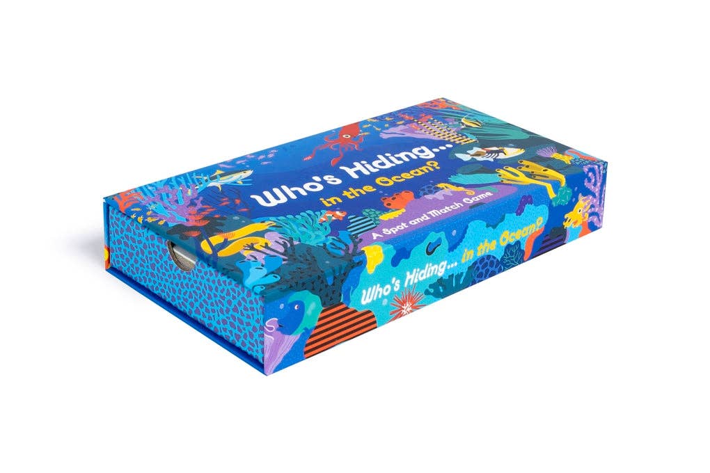 Colorful box with underwater theme and text 'Who's Hiding in the Ocean?' on a white background