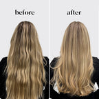 Before and after comparison of long blonde hair on a plain background