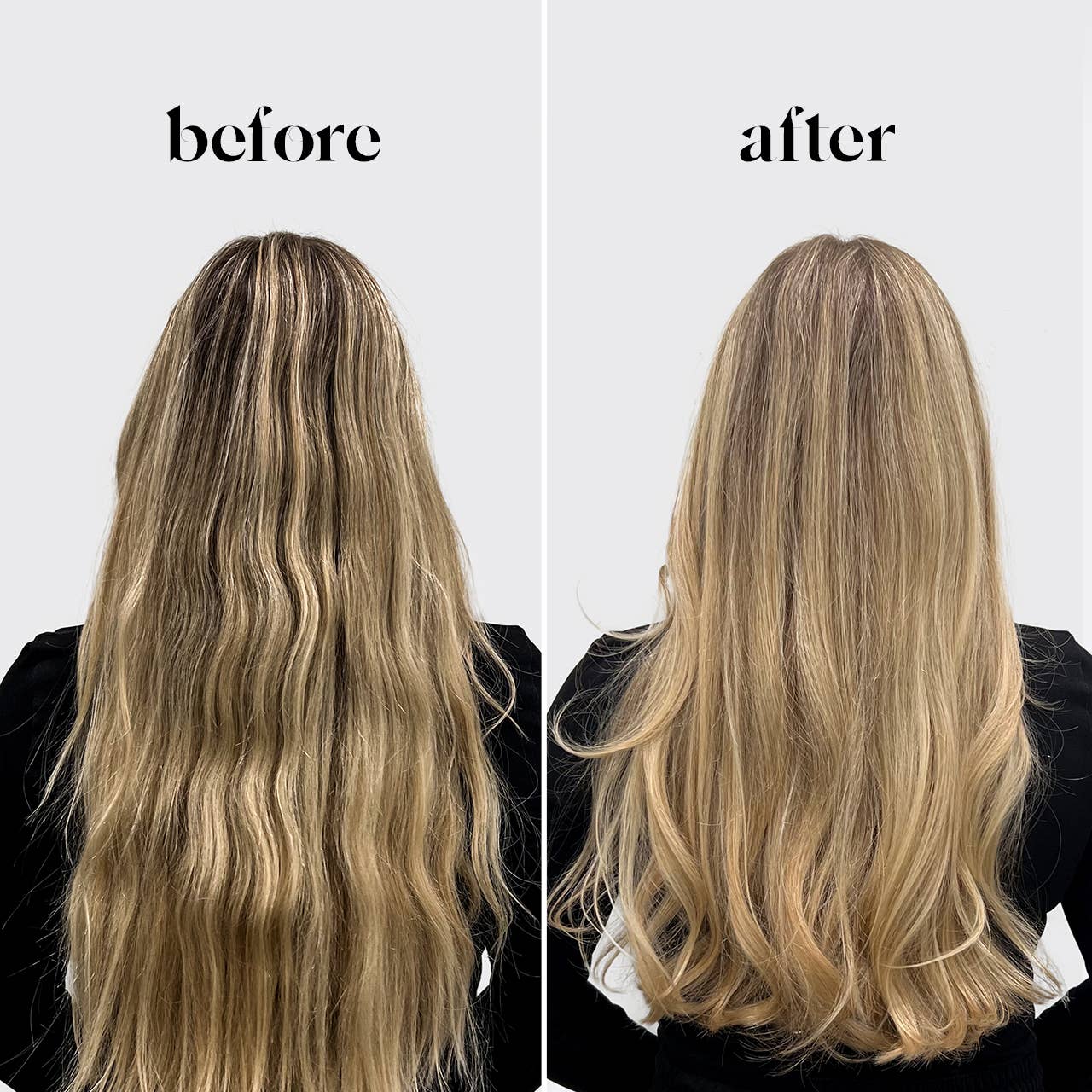 Before and after comparison of long blonde hair on a plain background