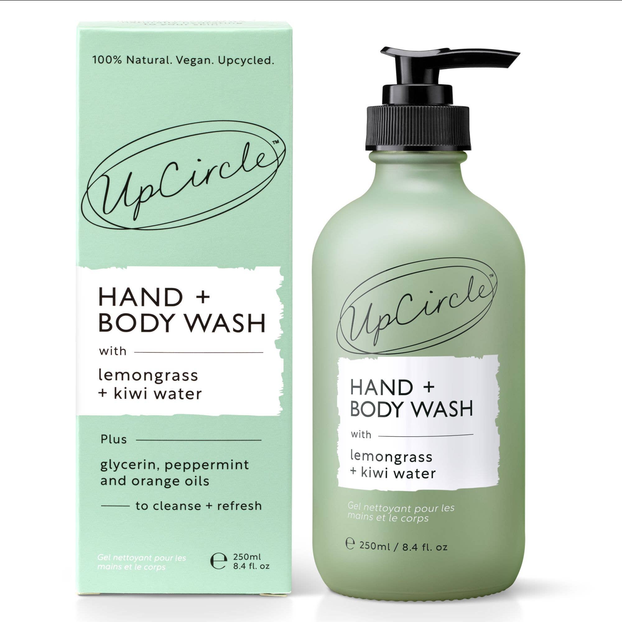 UpCircle hand and body wash bottle and packaging on a white background