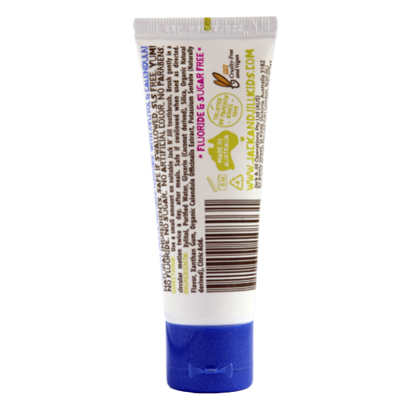 Tube of Jack N Jill Bubblegum toothpaste with blue cap on a white background 