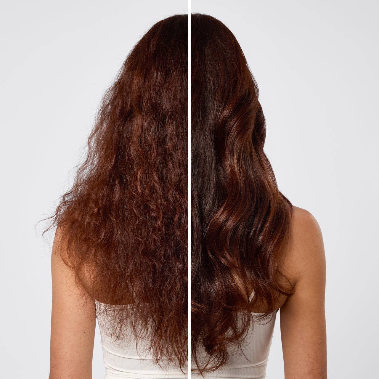 Side-by-side comparison of long, wavy hair on a plain background