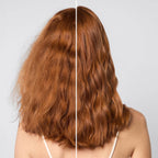 Side-by-side comparison of hair before and after styling on a plain background