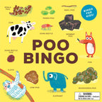 Poo Bingo game board with illustrations of animal poops and their names on a yellow background.