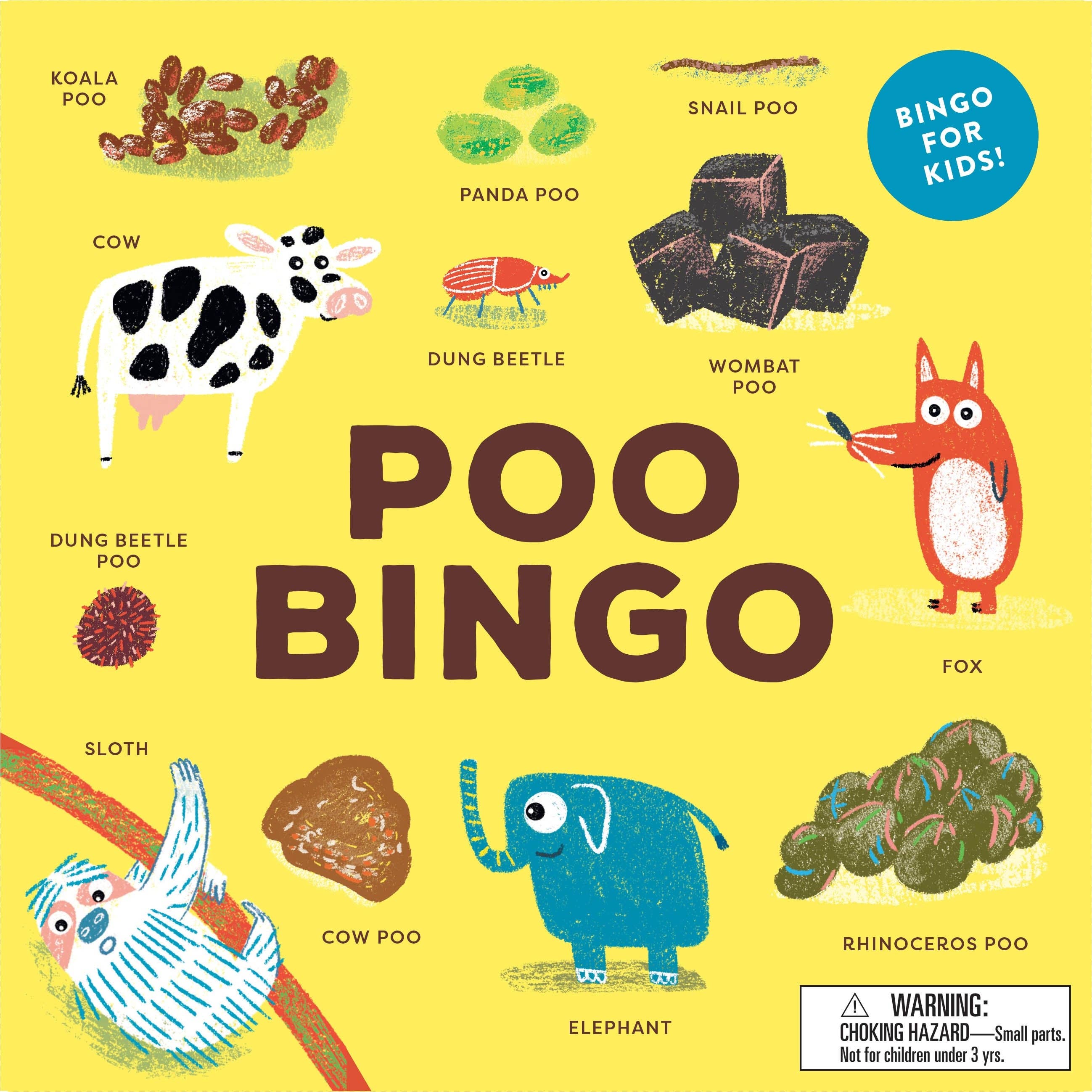 Poo Bingo game board with illustrations of animal poops and their names on a yellow background.
