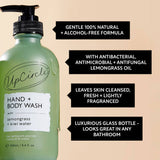 Green bottle of UpCircle hand and body wash with text about ingredients and benefits, on a beige background