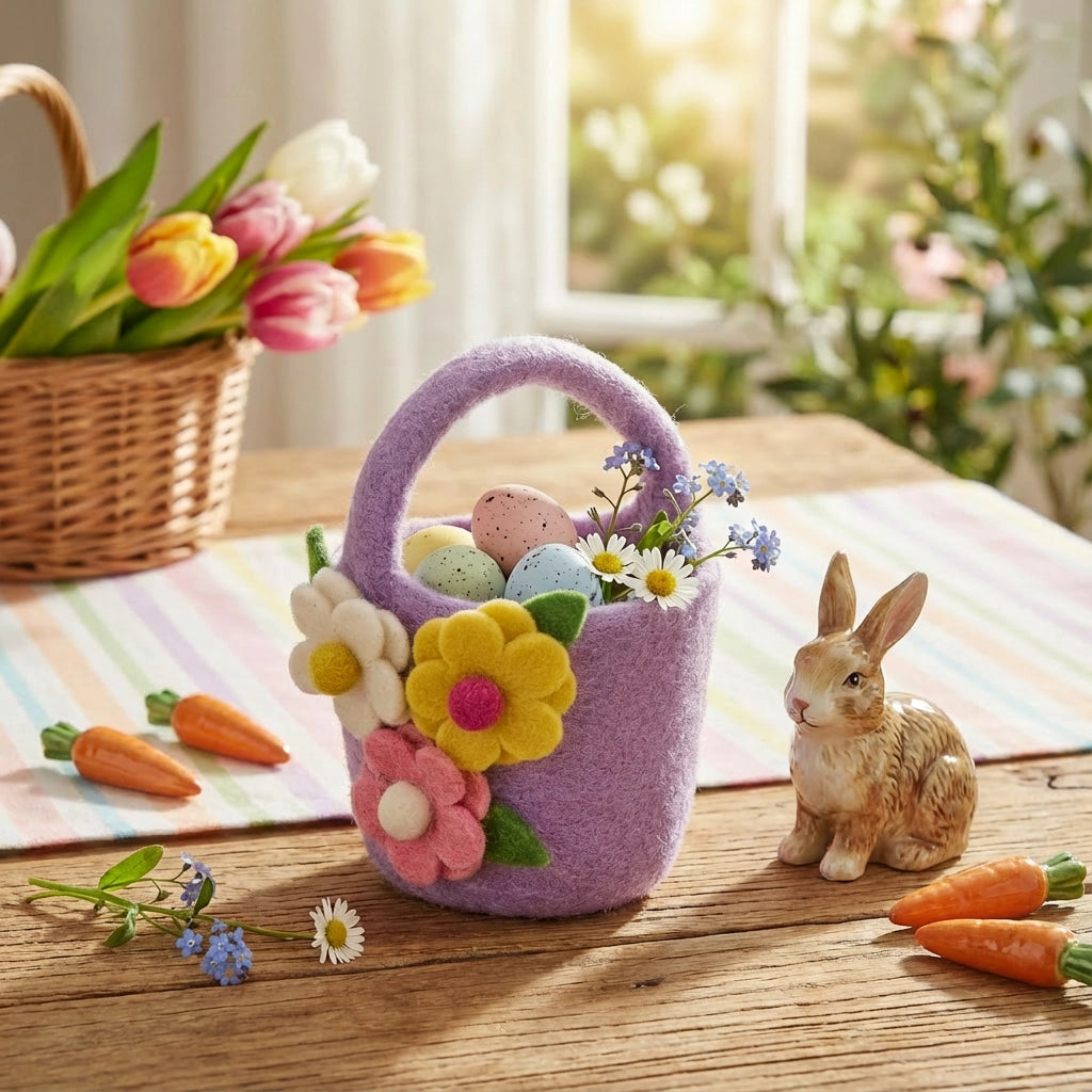 Handmade Felt Eggcellent Easter Buckets: Purple Flower