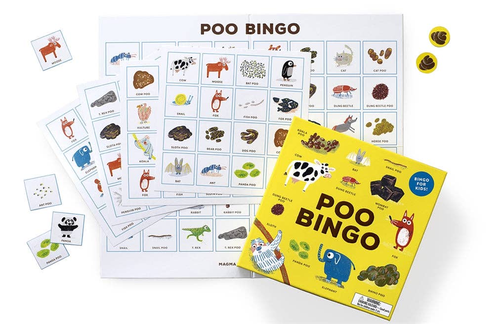 Poo Bingo game set with cards and board on a white background