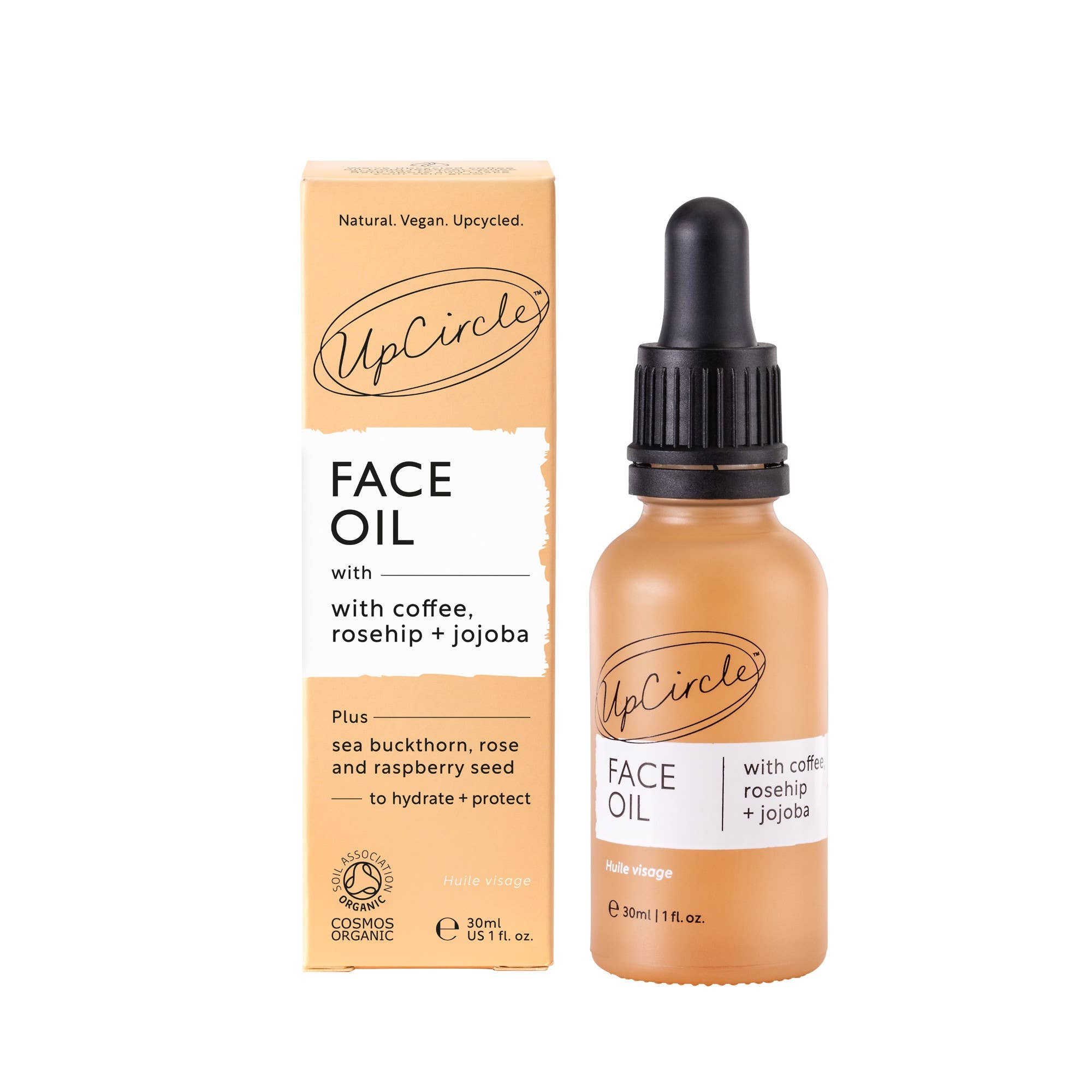 UpCircle face oil bottle and packaging on a white background